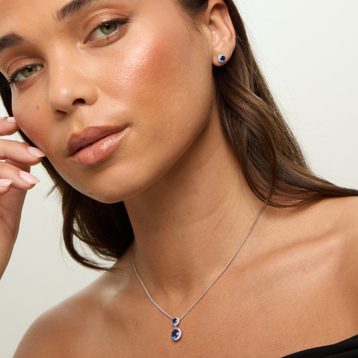 Jon Richard Rhodium Plated and Cubic Zirconia Double Halo Sapphire Drop Set - Gift Box