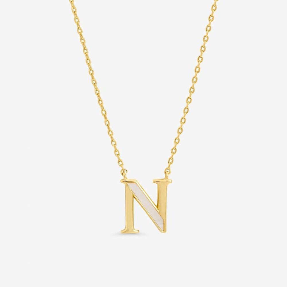 Inicio 14K Real Gold Plated and Mother of Pearl Initial Pendant - N - Gift Pouch