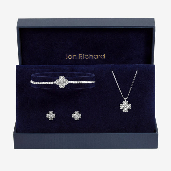 Jon Richard Silver Plated and Pave Clover Trio Set - Gift Box