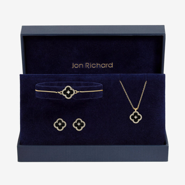 Jon Richard Gold Plated and Jet Clover Trio Set - Gift Box