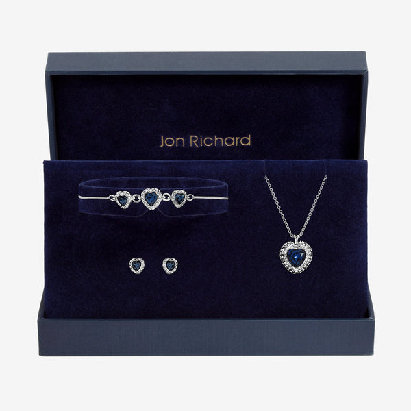 Jon Richard Silver Plated and Sapphire Heart Trio Set - Gift Box