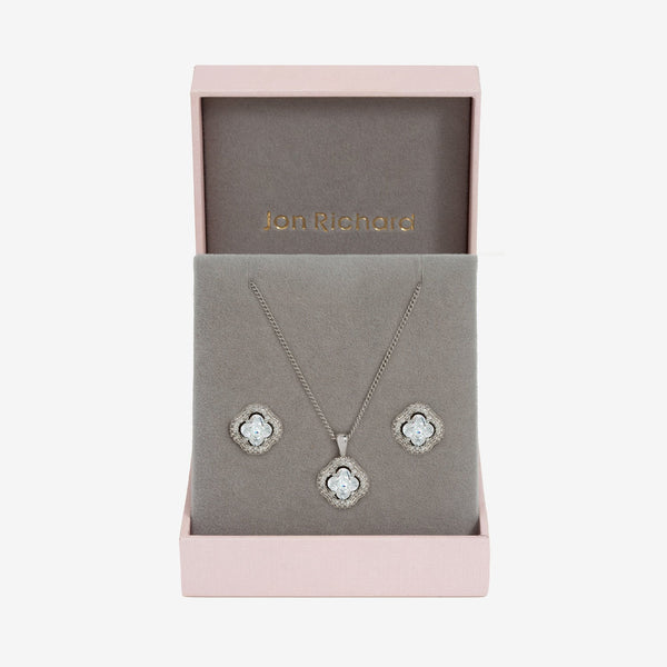 Jon Richard Rhodium Plated Cubic Zirconia Clover Set - Gift Boxed
