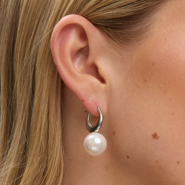 Jon Richard Rhodium Plated Polished and Pearl Hoop Earrings