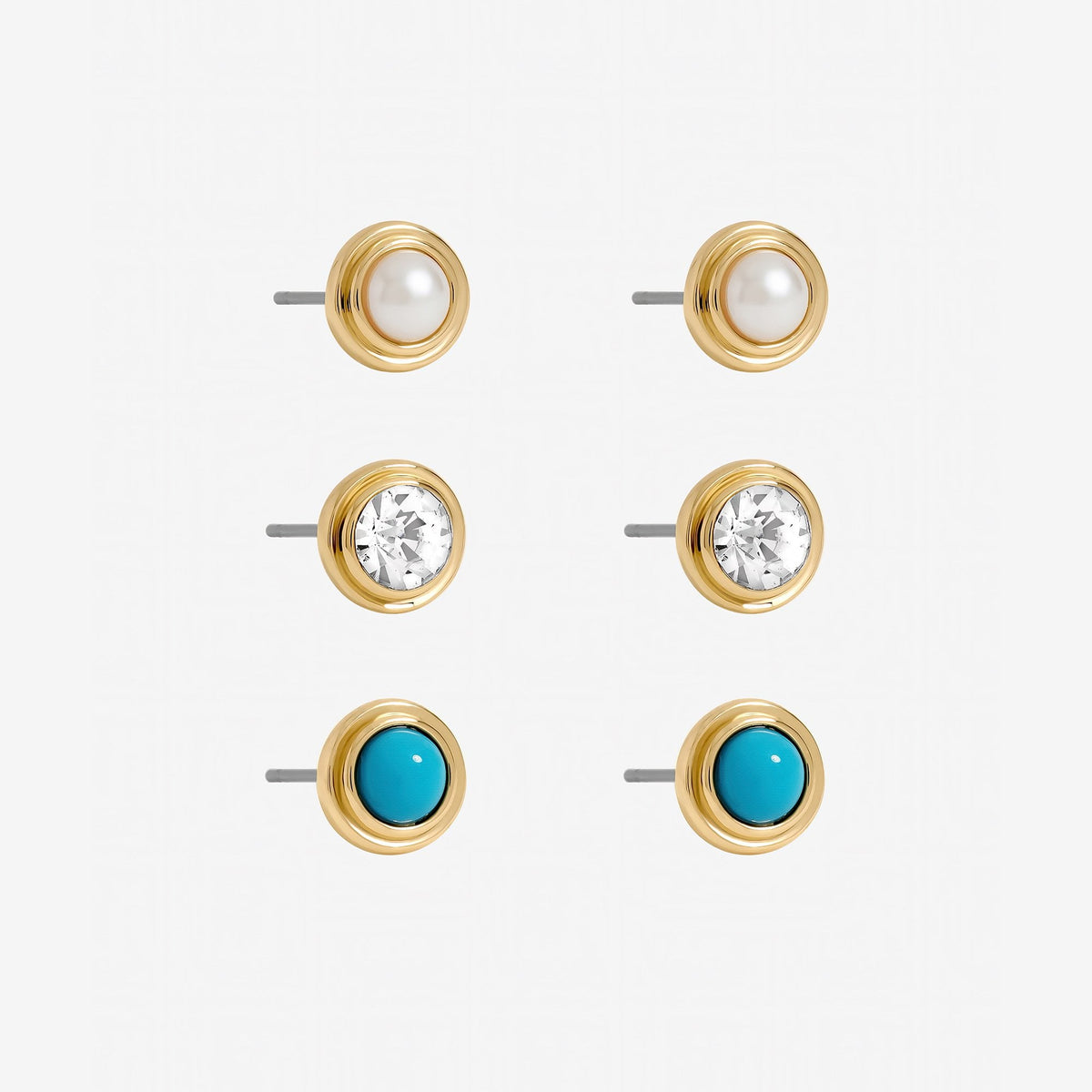 Mood Gold Plated Turquoise and Pearl Studs - Pack of 3