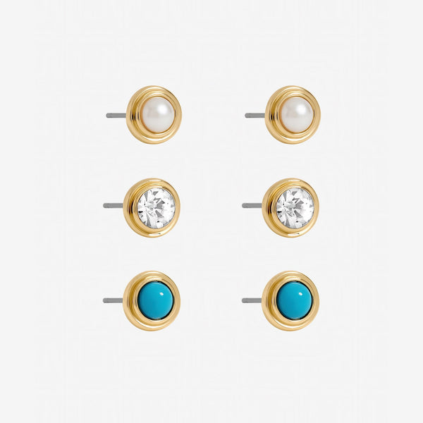 Mood Gold Plated Turquoise and Pearl Studs - Pack of 3