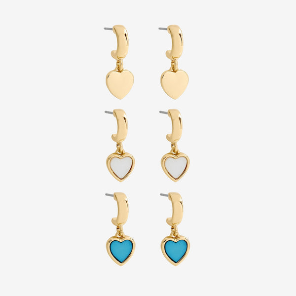 Mood Gold Plated Blue Enamel and Mother of Pearl Heart Earrings - Pack of 3