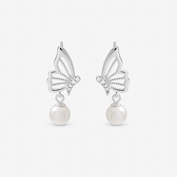 Inicio Sterling Silver Polished Butterfly Pearl Drop Earrings