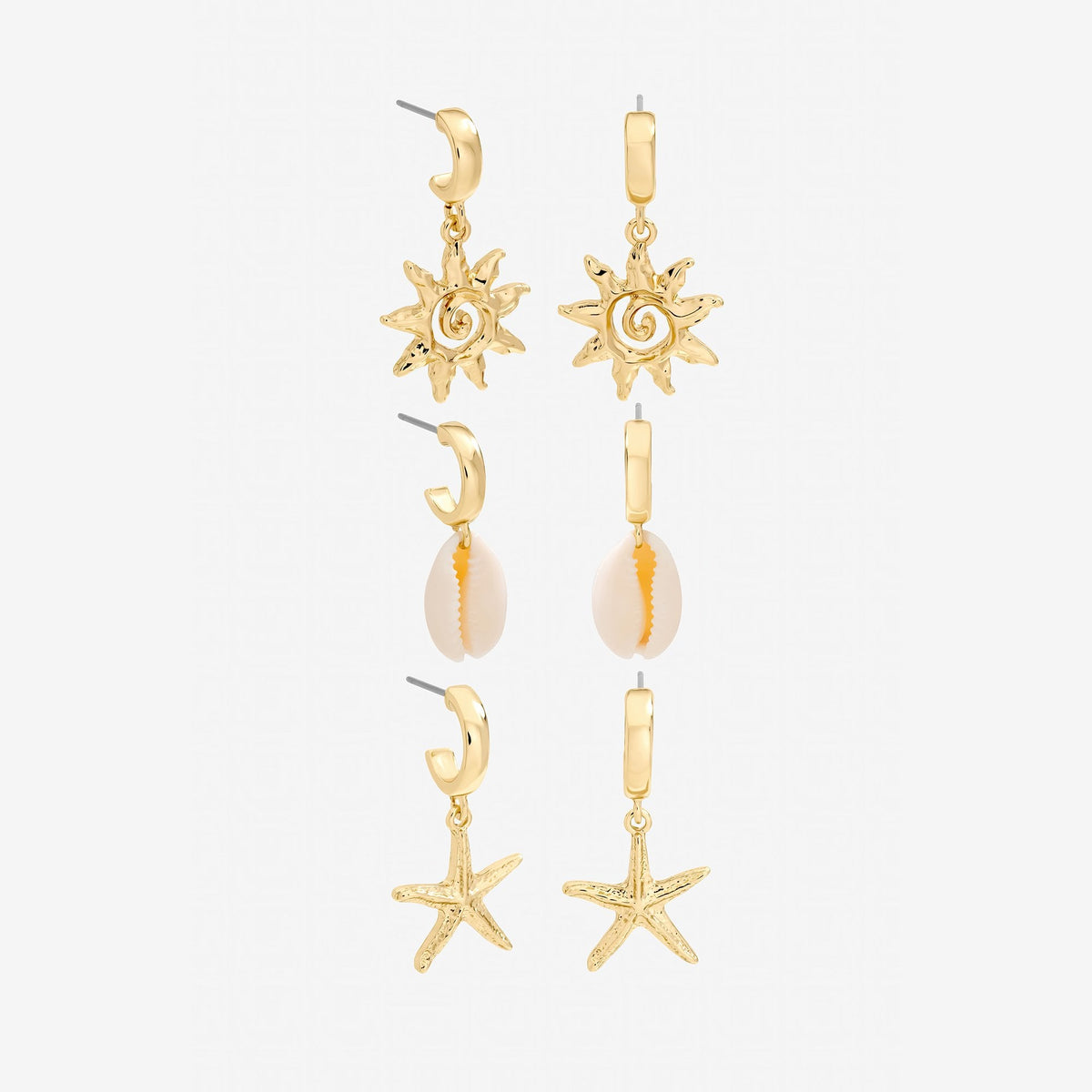 Mood Gold Plated Real Shell Charm Earrings - Pack of 3