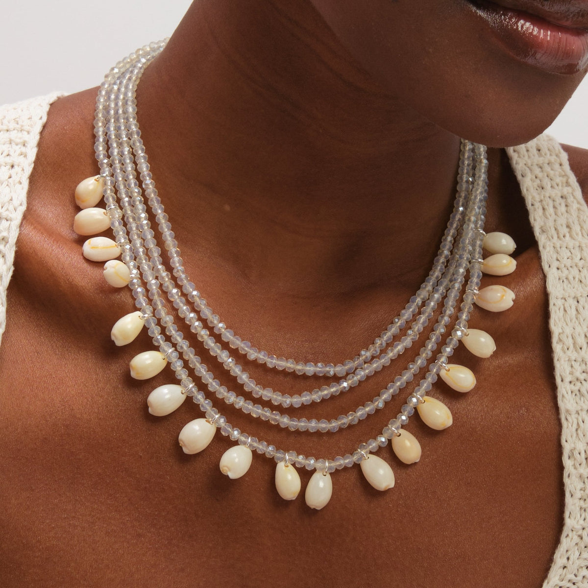 Mood Silver Plated Shell and Bead Multirow Necklace