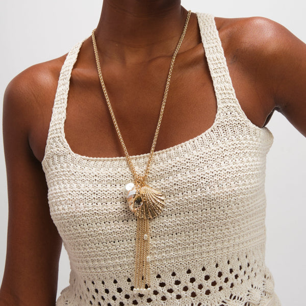 Mood Gold Plated Tassel and Shell Long Necklace