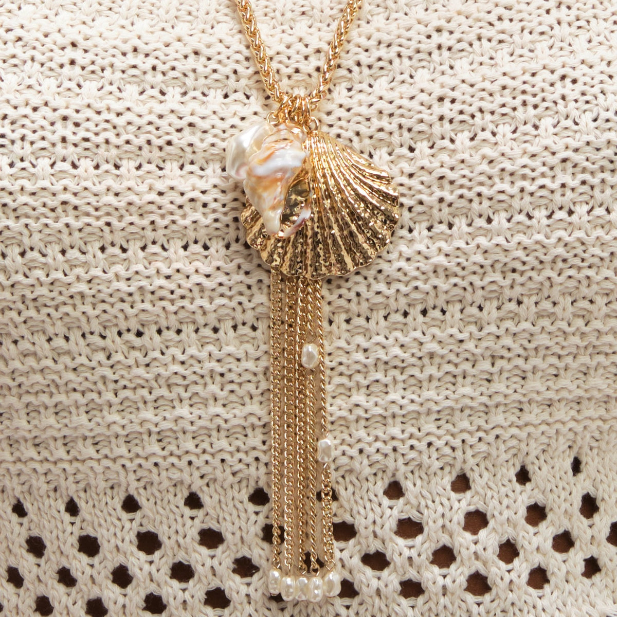 Mood Gold Plated Tassel and Shell Long Necklace