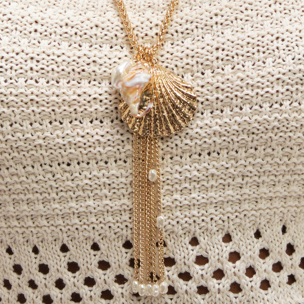 Mood Gold Plated Tassel and Shell Long Necklace