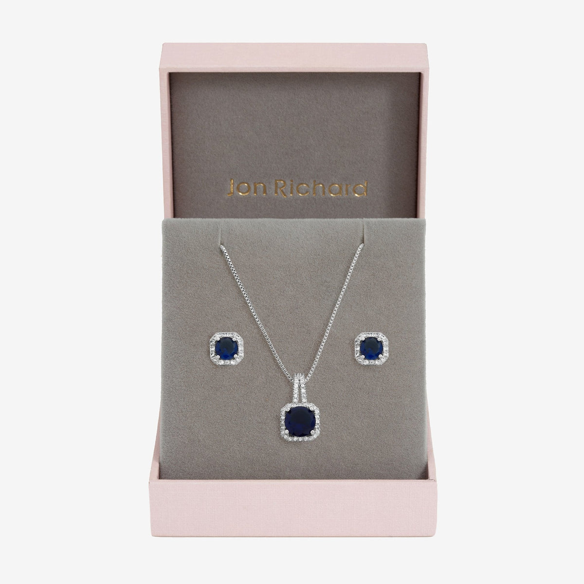 Jon Richard Rhodium Plated Cubic Zirconia and Sapphire Square Drop Set - Gift Box
