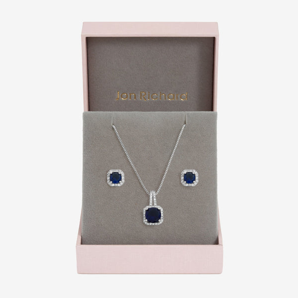 Jon Richard Rhodium Plated Cubic Zirconia and Sapphire Square Drop Set - Gift Box