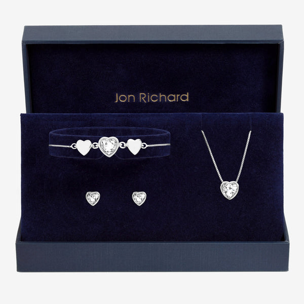 Jon Richard Silver Crystal Heart Trio Set - Gift Box