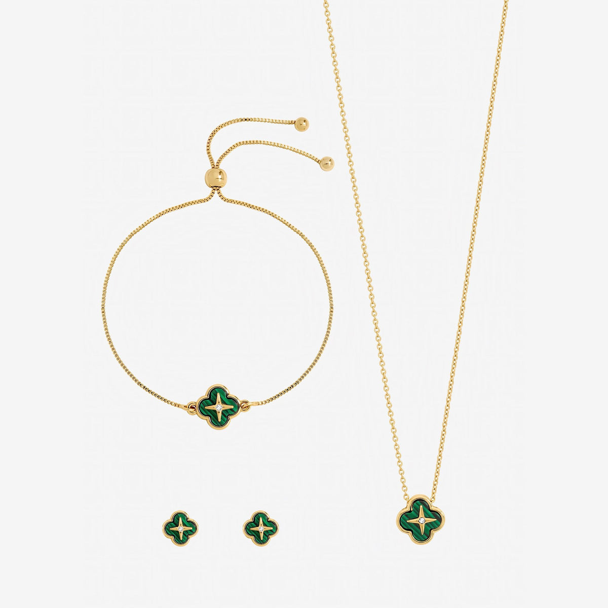 Jon Richard Gold Plated and Malachite Clover Trio Set - Gift Box