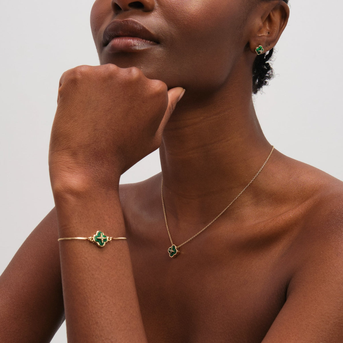 Jon Richard Gold Plated and Malachite Clover Trio Set - Gift Box