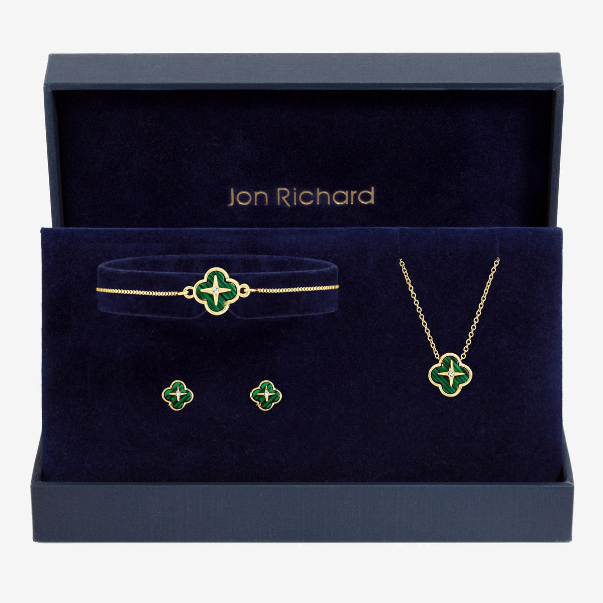 Jon Richard Gold Plated and Malachite Clover Trio Set - Gift Box