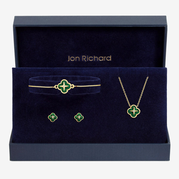 Jon Richard Gold Plated and Malachite Clover Trio Set - Gift Box