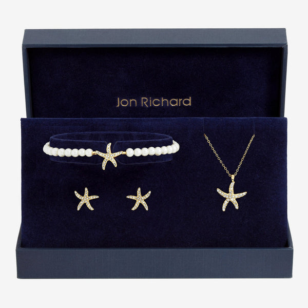 Jon Richard Gold Plated Pave and Pearl Starfish Trio Set - Gift Box