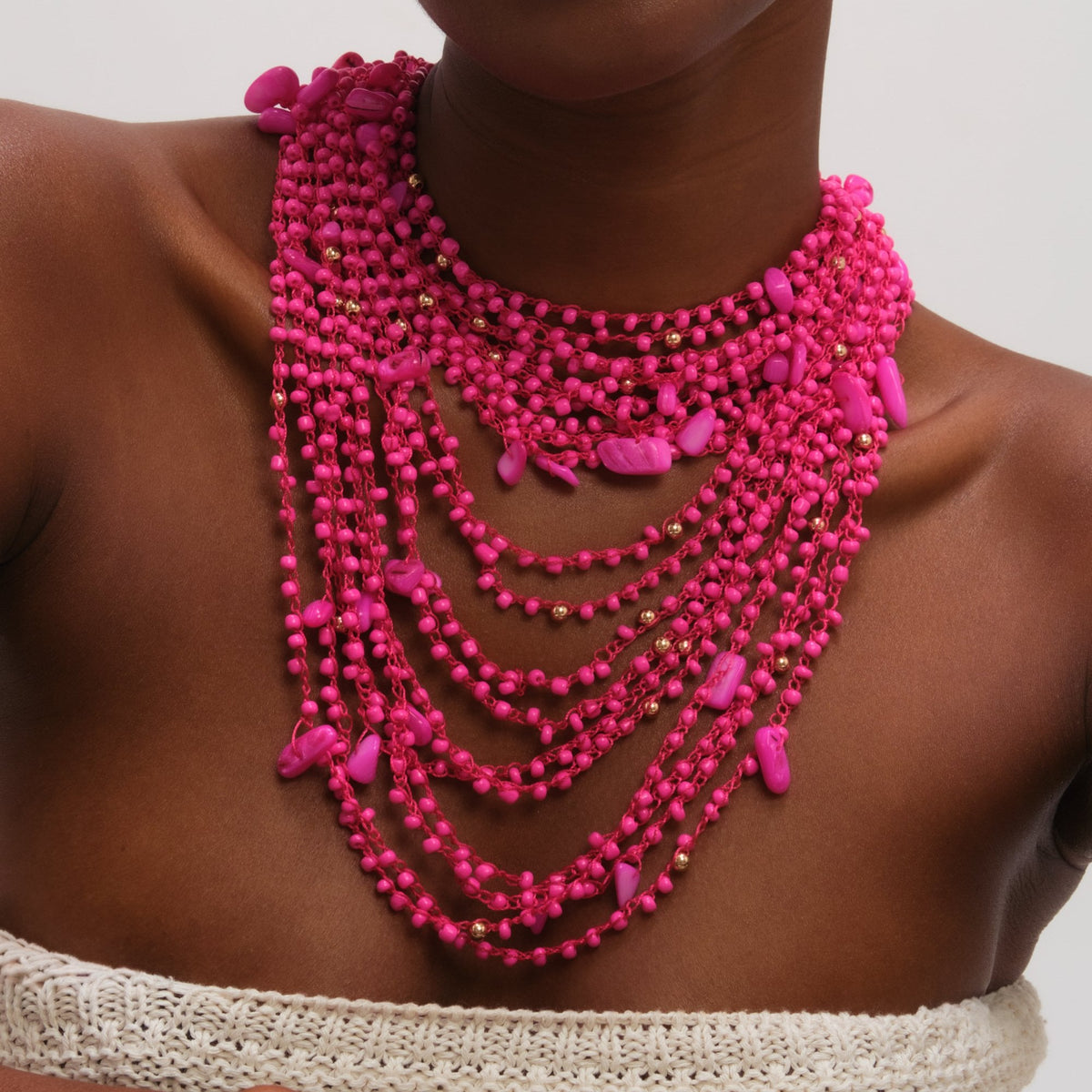 Mood Pink Beaded Statement Multirow Necklace