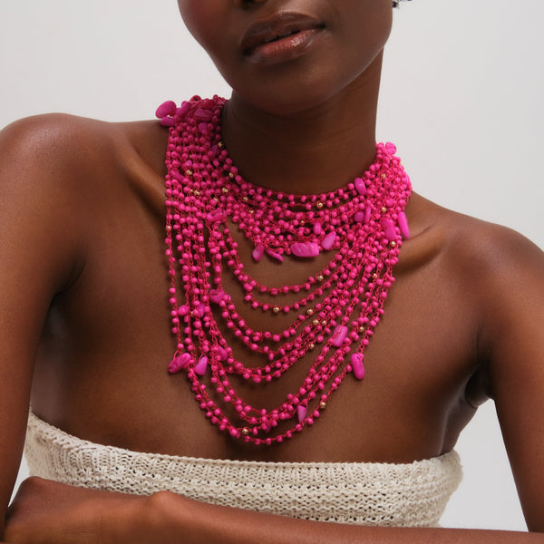 Mood Pink Beaded Statement Multirow Necklace