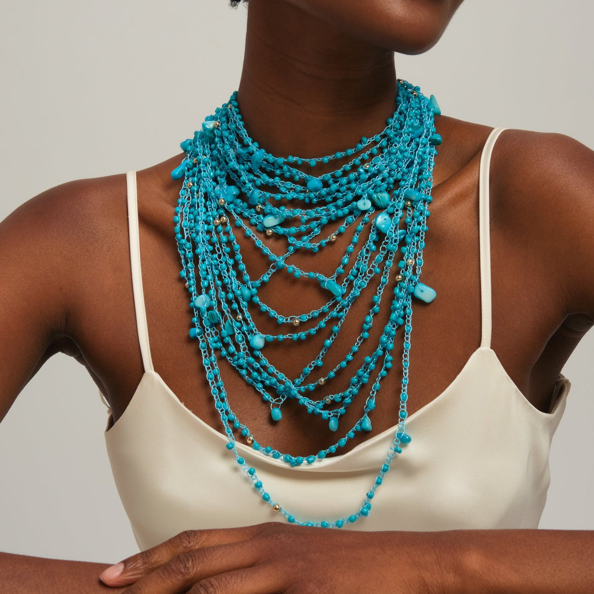 Mood Turquoise Beaded Statement Multrirow Necklace