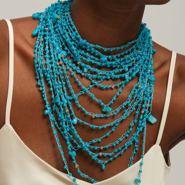 Mood Turquoise Beaded Statement Multrirow Necklace