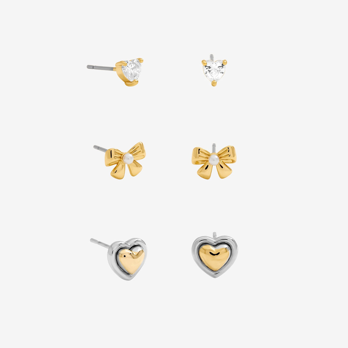 Inicio Gold Plated Heart and Bow Earrings - Pack of 3 - Gift Pouch