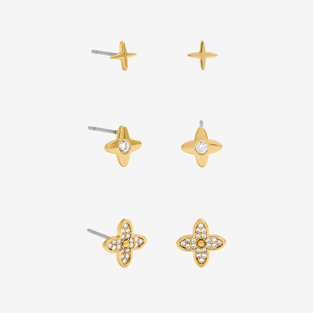 Inicio Gold Plated Polished and Crystal Clover Earrings - Pack of 3 - Gift Pouch