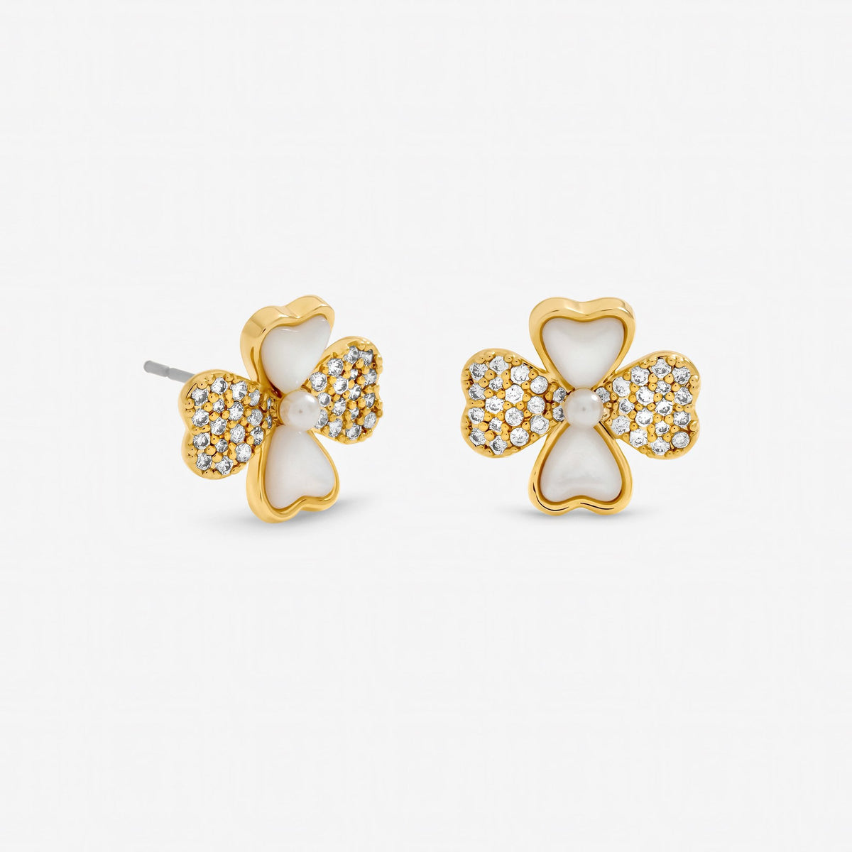 Inicio Gold Plated Mother of Pearl and Pave Clover Stud Earrings - Gift Pouch