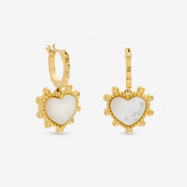 Inicio Gold Plated and Mother of Pearl Beaded Edge Heart Huggie Hoops - Gift Pouch