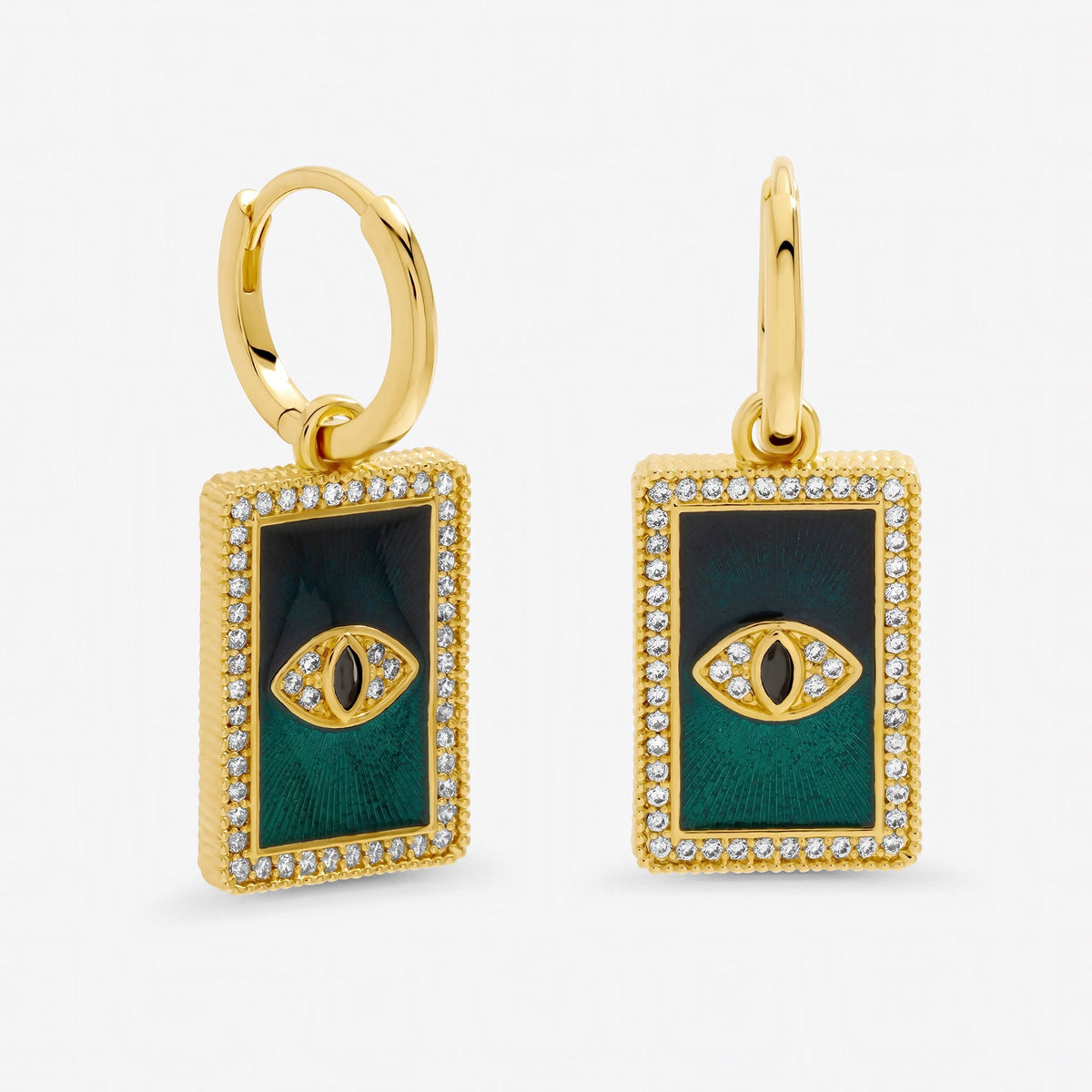 Inicio Gold Plated and Green Evil Eye Charm Huggie Earrings - Gift Pouch