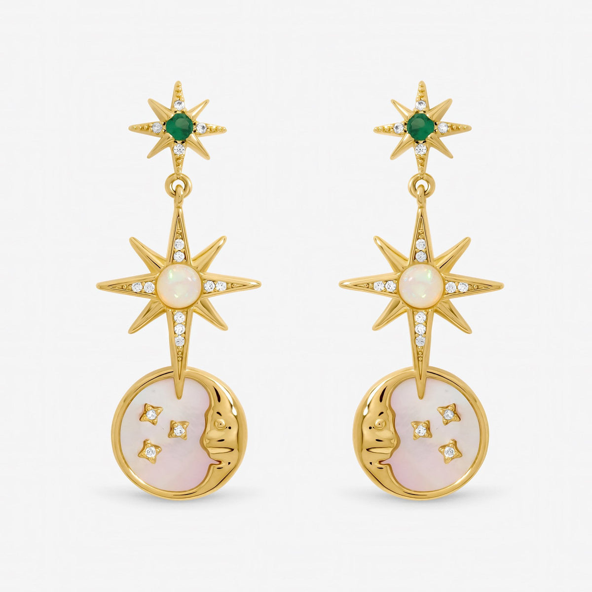 Inicio Gold Plated Emerald and Mother of Pearl Celestial Drop Earrings - Gift Pouch