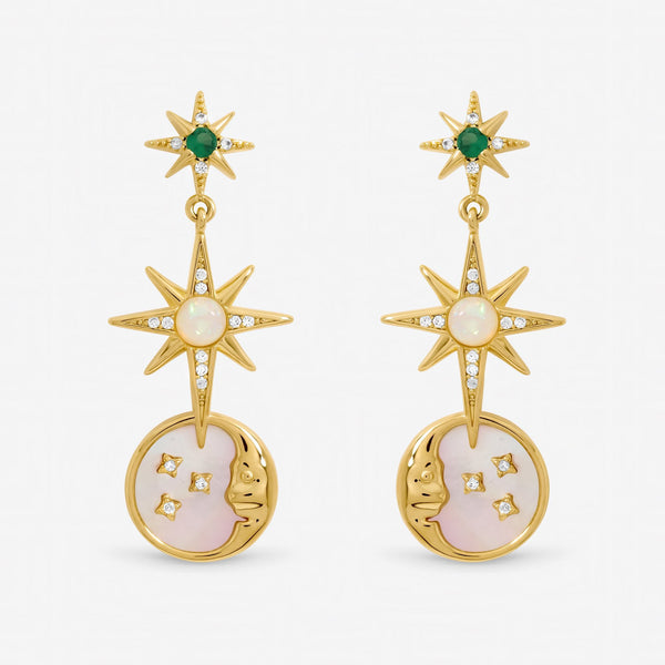 Inicio Gold Plated Emerald and Mother of Pearl Celestial Drop Earrings - Gift Pouch