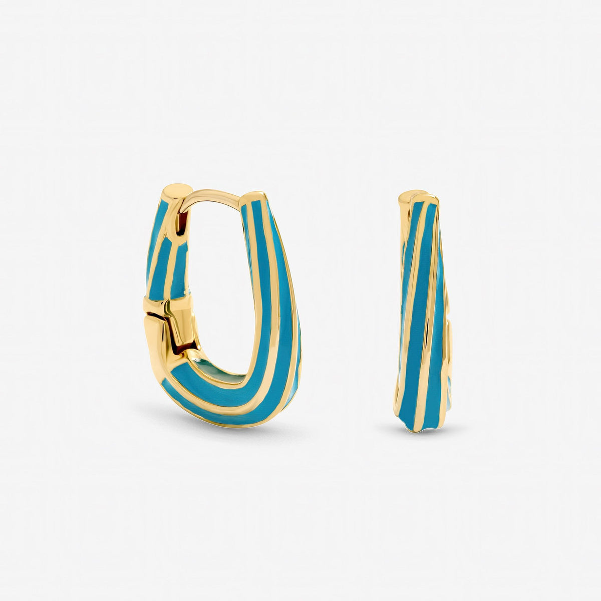 Inicio Gold Plated Polished and Blue Stripe Hoop Earrings - Gift Pouch