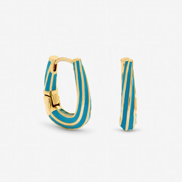 Inicio Gold Plated Polished and Blue Stripe Hoop Earrings - Gift Pouch