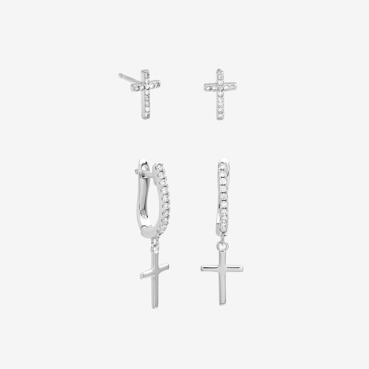 Inicio Sterling Silver Cross Hoop and Stud Earrings - Pack of 2
