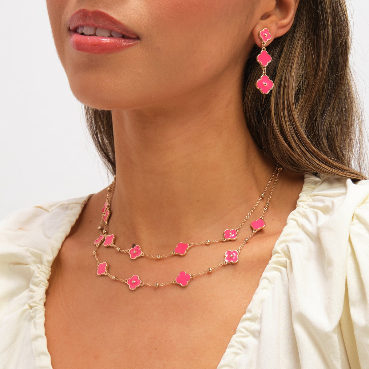 Mood Gold Plated and Coral Clover Double Row Necklace