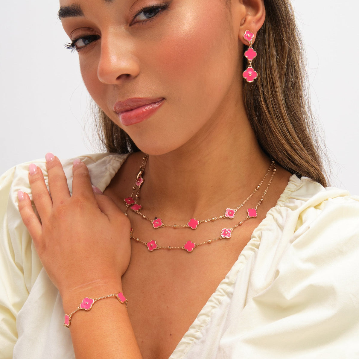 Mood Gold Plated and Coral Clover Double Row Necklace