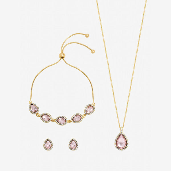 Jon Richard Gold Plated and Pink Pear Drop Trio Set - Gift Box