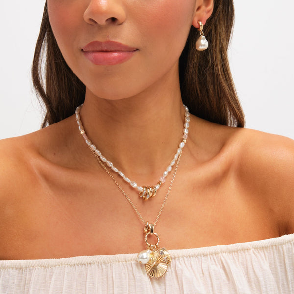 Mood Gold Plated Multi Row Charm Pearl Necklace