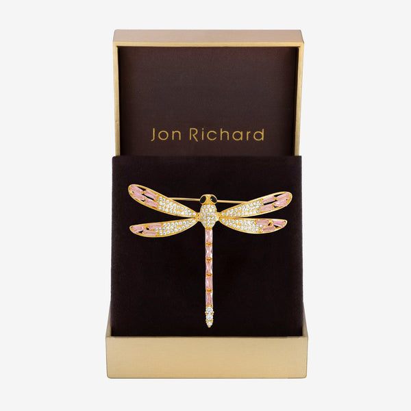 Jon Richard Gold Plated Pink Dragon Fly Brooch - Gift Box