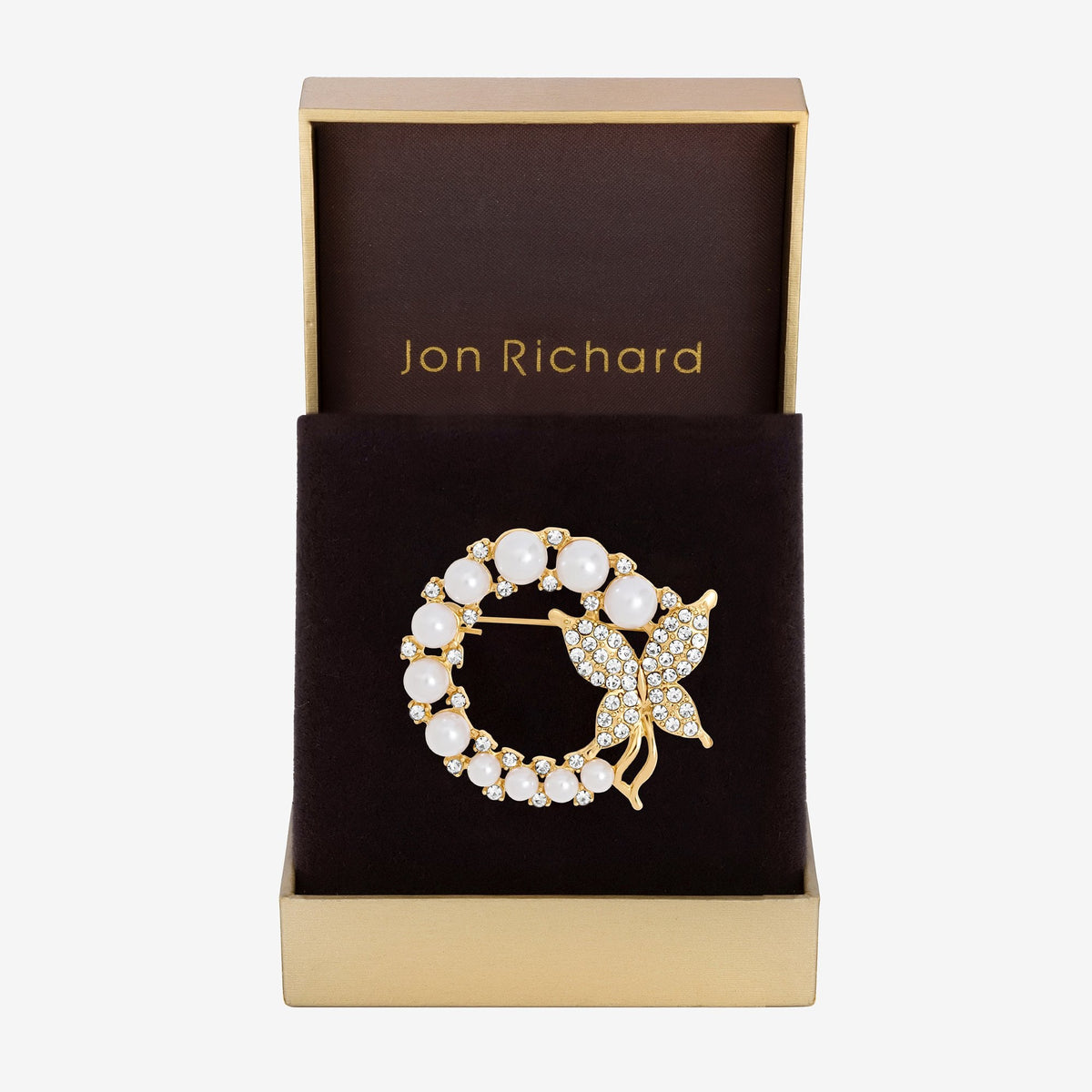 Jon Richard Gold Plated Pearl and Butterfly Brooch - Gift Box