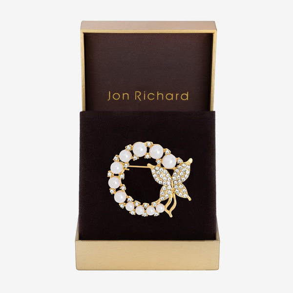 Jon Richard Gold Plated Pearl and Butterfly Brooch - Gift Box