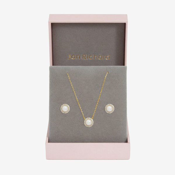 Jon Richard Gold Plated Crystal and Pearl Halo Bridal Set - Gift Box