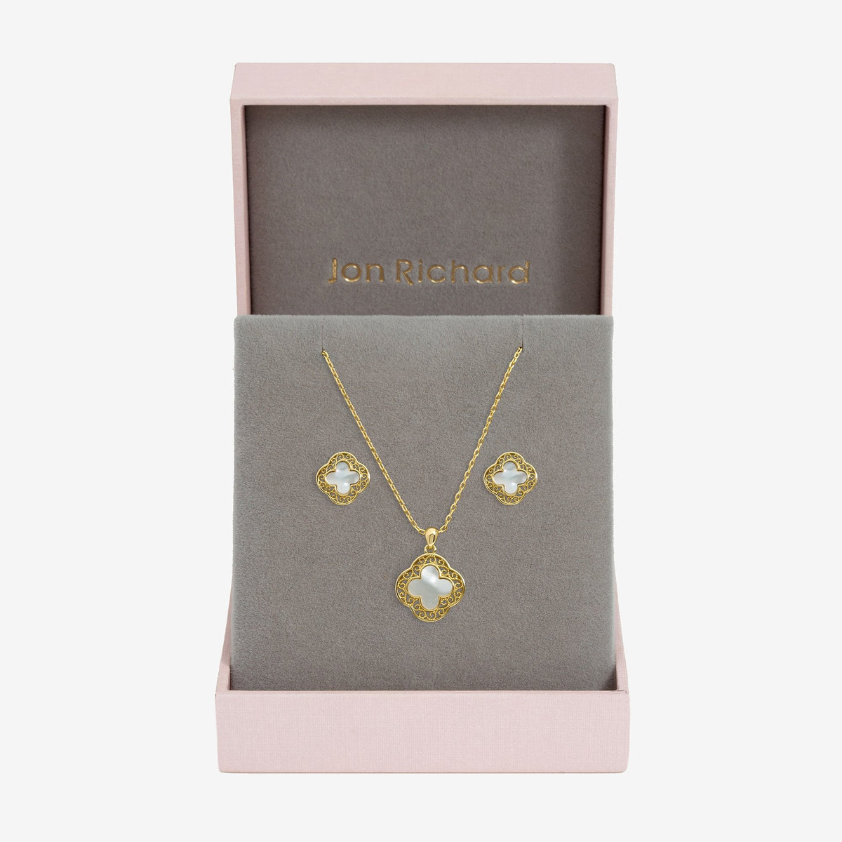 Jon Richard Gold Plated Filigree and Mother of Pearl Clover Set - Gift Box