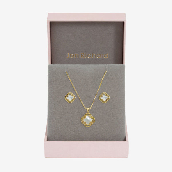 Jon Richard Gold Plated Filigree and Mother of Pearl Clover Set - Gift Box