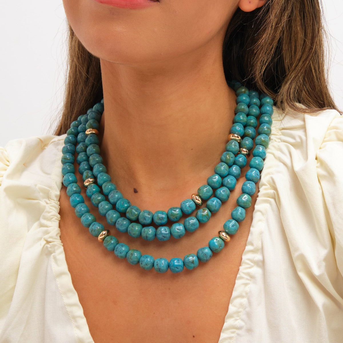 Mood Gold Plated and Turquoise Bead Statement Multirow Necklace
