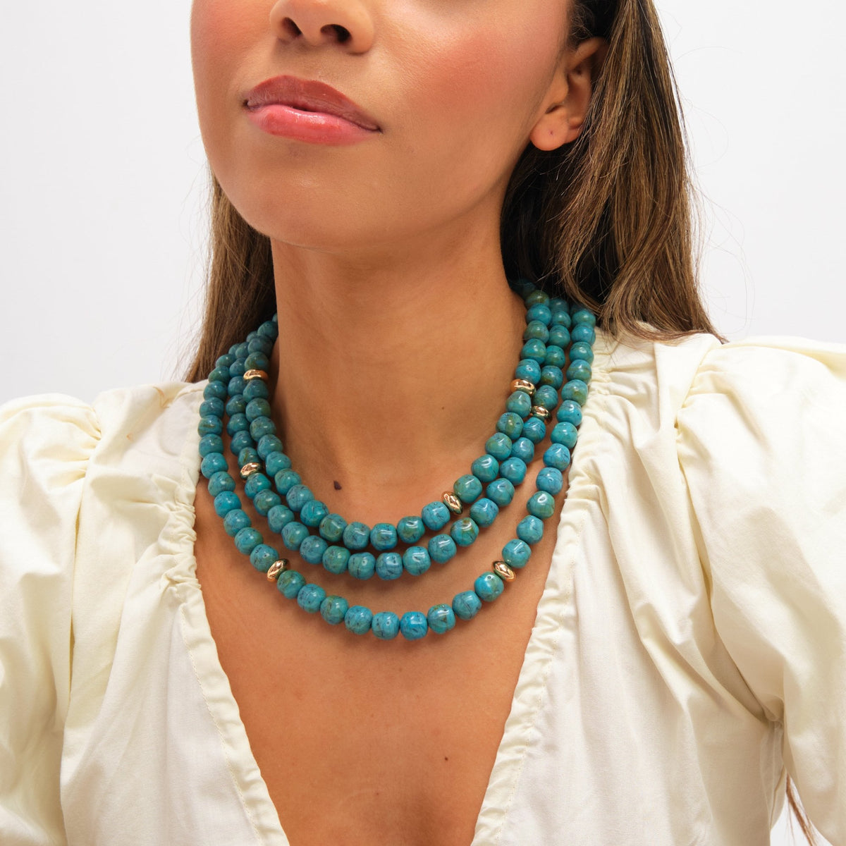 Mood Gold Plated and Turquoise Bead Statement Multirow Necklace